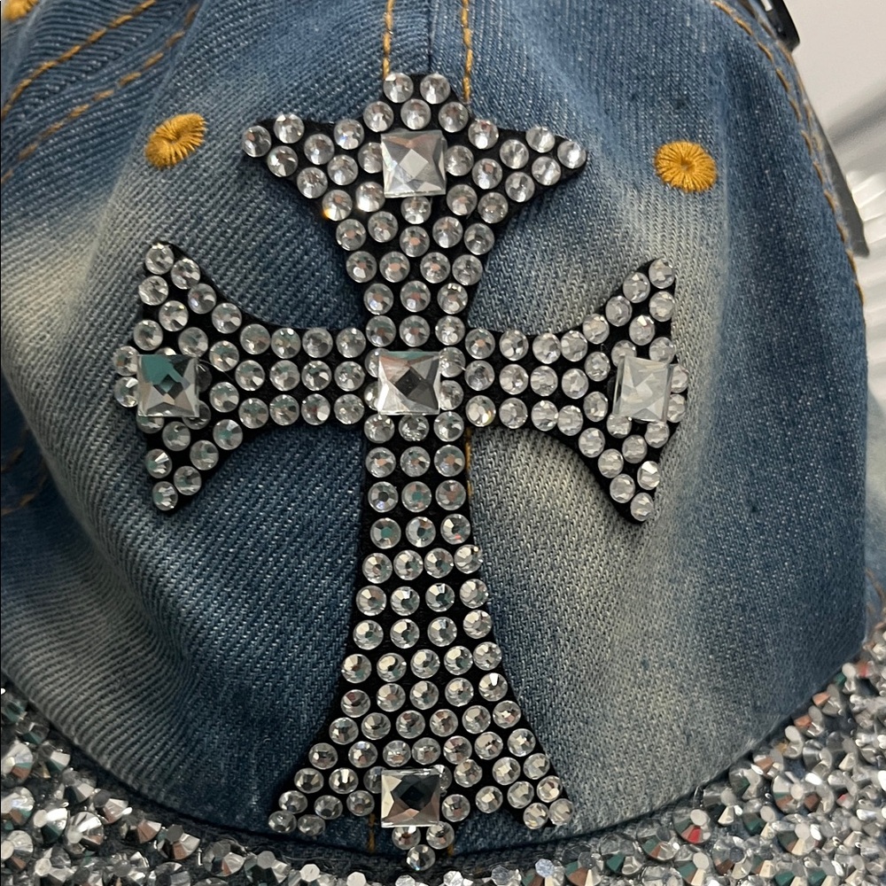 Rhinestone Cross Denim Cap Bling out adjustable - Picture 2 of 10